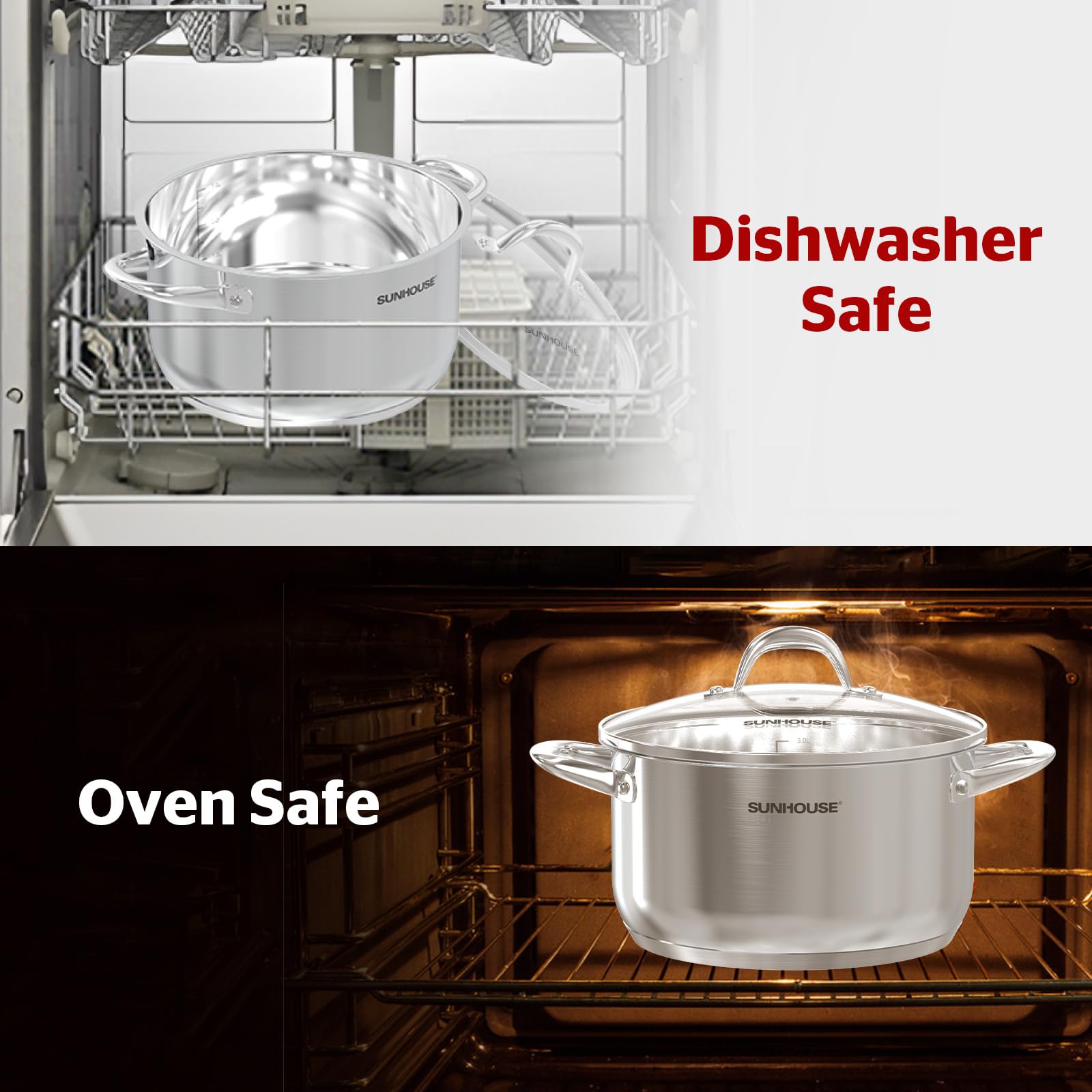 SUNHOUSE Stainless Steel Stock Pot - 11 Quart Heavy-Duty Induction Cooking Pot with Visible Lid for Pasta, Soup, Spaghetti - Nonstick Thick-Bottom Deep Stockpot for Canning, Boiling, and Simmering