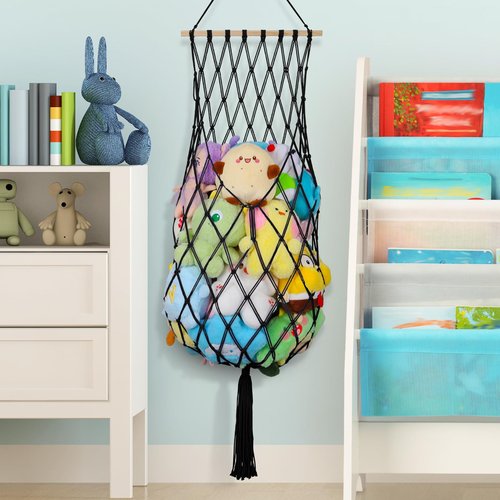 Stuffed Animal Storage Net, 68 Inch Jumbo Macrame Vertical Stuffed Animals Hammock Corner, Wall Ceiling Hanging Stuffy Hammock Plushie Holder Display for Kid Boy Girl Gift Boho Nursery Decor (Black)