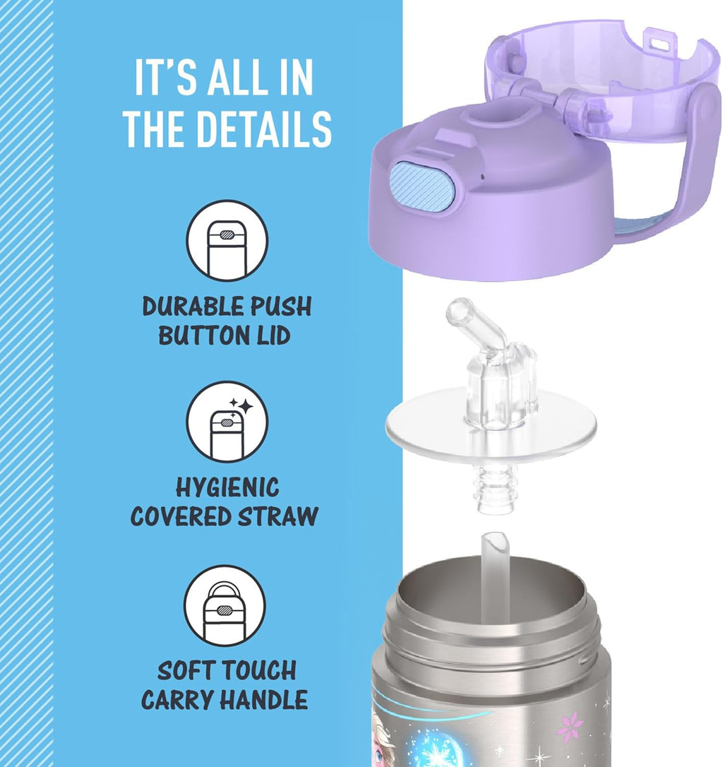 THERMOS FUNTAINER Water Bottle - 12 Ounce Stainless Steel Insulated Bottle with Straw | Frozen 2 Design