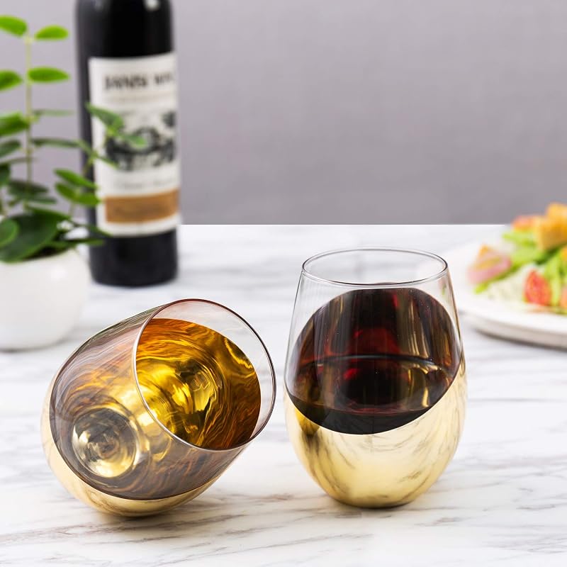 MyGift Brass-Plated Stemless Wine Glass Set of 6 - 18 oz, White or Red, Angled Bottom (Variation: Brass-6)