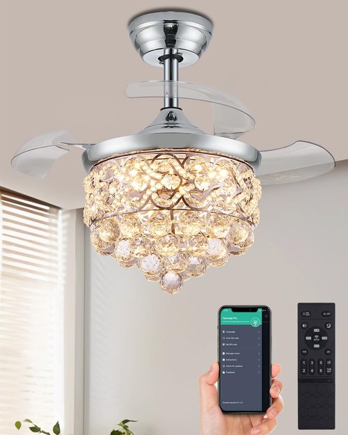 Fejanical 30" Dimmable fandelier Ceiling Fan with Light, Retractable Chandeliers Ceiling Fans with Lights, Crystal Fandeliers with Lights and Remote for Bedroom Living Room, Chrome