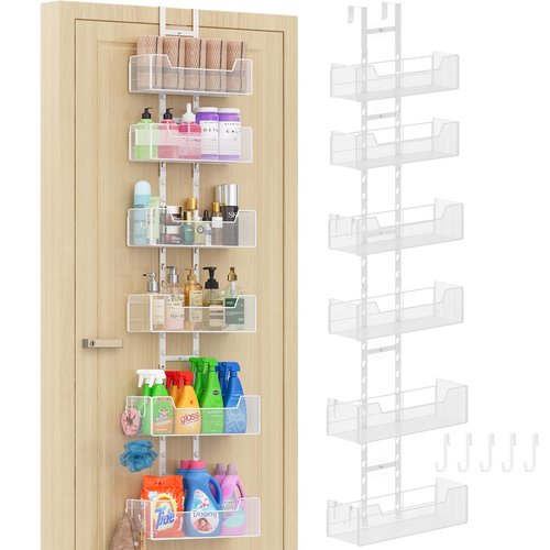 Hongtamoya Over The Door Organizer, Metal Hanging Door Organizer with 6 Adjustable Baskets and 5 Hooks, Behind The Door Storage for Closet Pantry Cabinet Kitchen Bathroom Bedroom, White