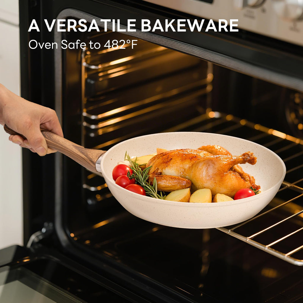 NEWBULIG 17-Piece Nonstick & Non-Toxic Pots and Pans Set, Cookware with Stay-Cool Handles, Induction Compatible, Cream White