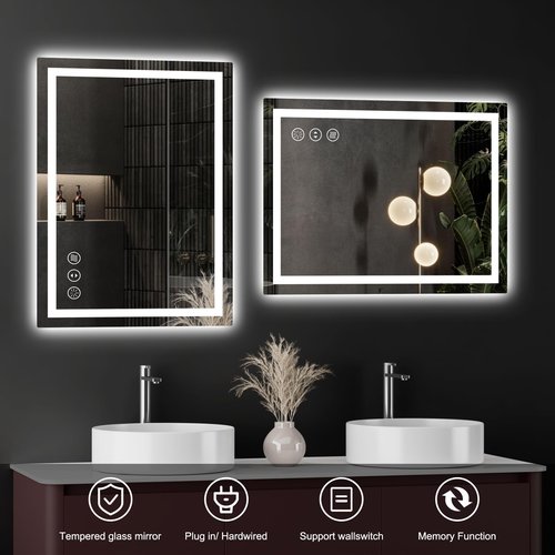 24x32 LED Bathroom Mirror with Lights, Anti Fog Vanity Mirror Wall Mounted, Dimmable Front Light and Backlight, Memory Function Tempered Glass, Shatter Proof ETL Listed