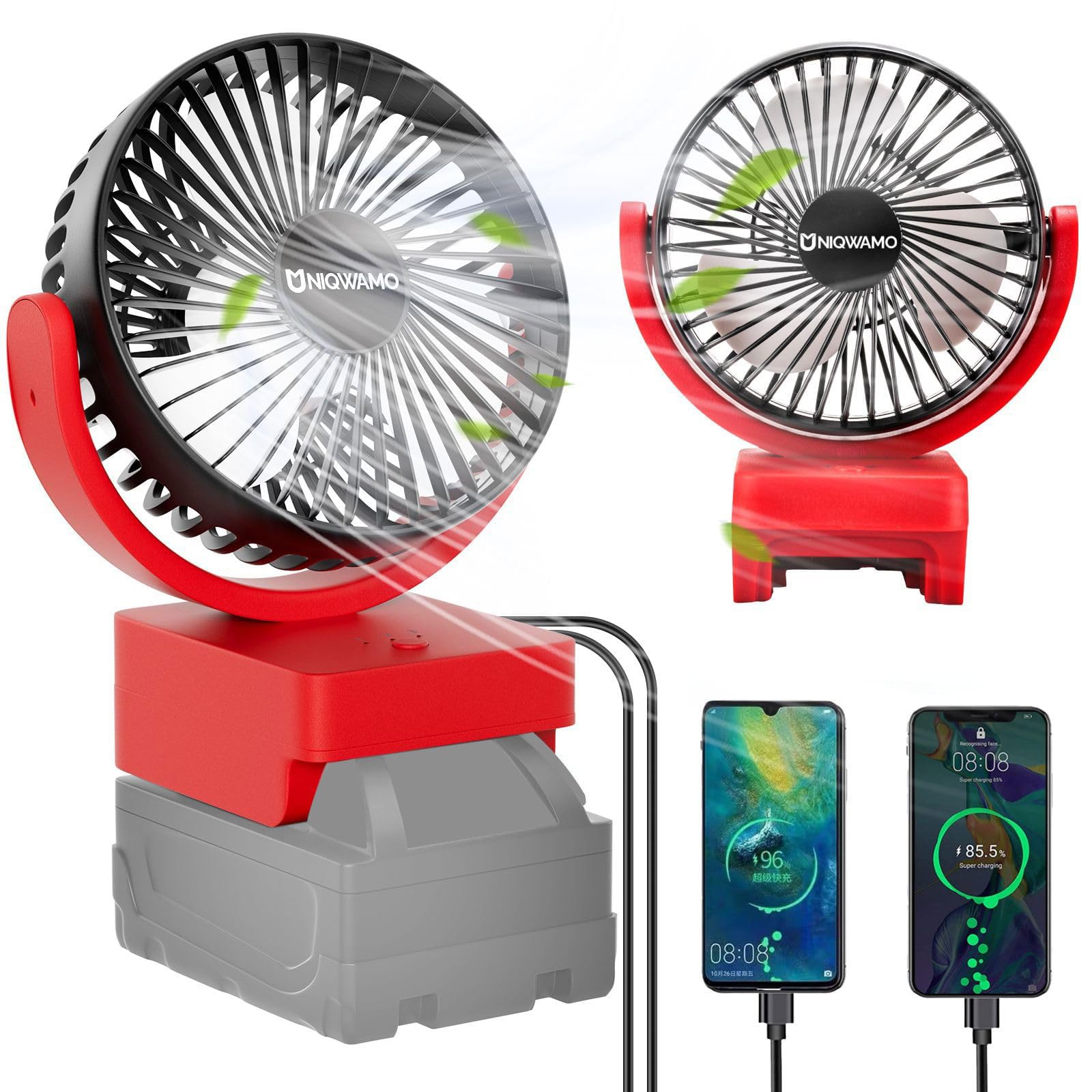 Uniqwamo Portable Rechargeable Fan Compatible for Milwaukee 18V Battery, Jobsite Battery Operated Fan With 3 Speeds Control, USB + Type C