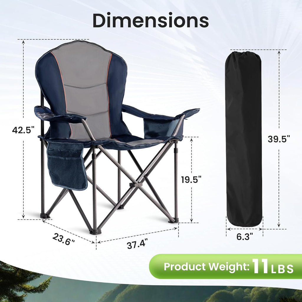 Skiennix Oversized Camping Chair - Heavy Duty Portable Folding Chair with Cup Holder & Waterproof Phone Case - Blue & Gray, XL