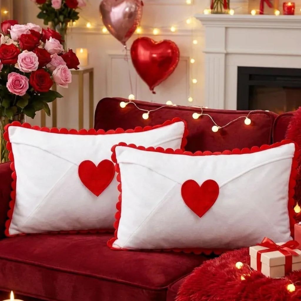 Cinnvoice 2 Pcs Valentine Day Pillow Covers 12x20 Valentines Lumbar Pillow Case Love Pattern Throw Cushion Case Heart Shape Embroidery Throw Covers for Bedroom Sofa Couch Decoration(Envelope)