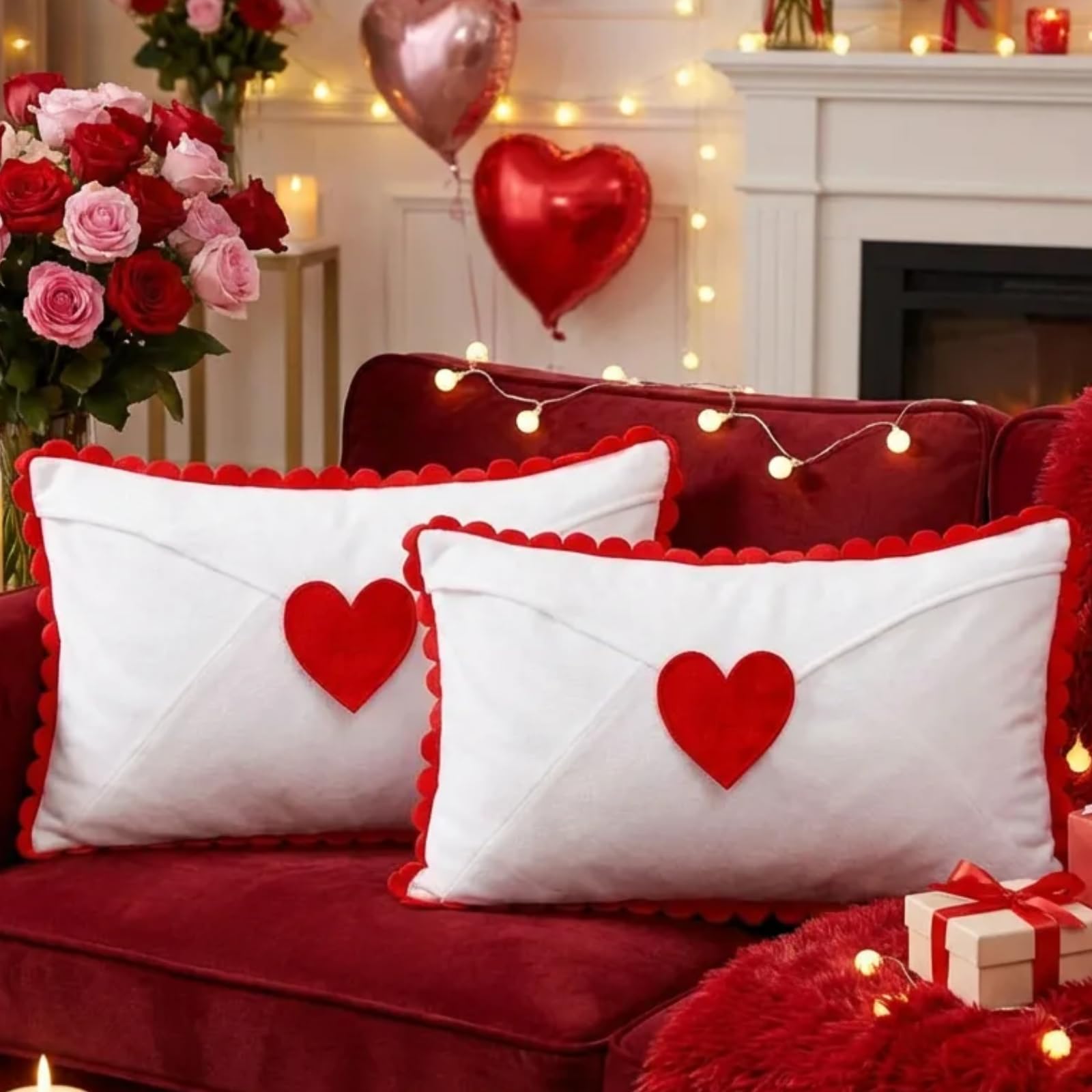 Cinnvoice 2 Pcs Valentine Day Pillow Covers 12x20 Valentines Lumbar Pillow Case Love Pattern Throw Cushion Case Heart Shape Embroidery Throw Covers for Bedroom Sofa Couch Decoration(Envelope)