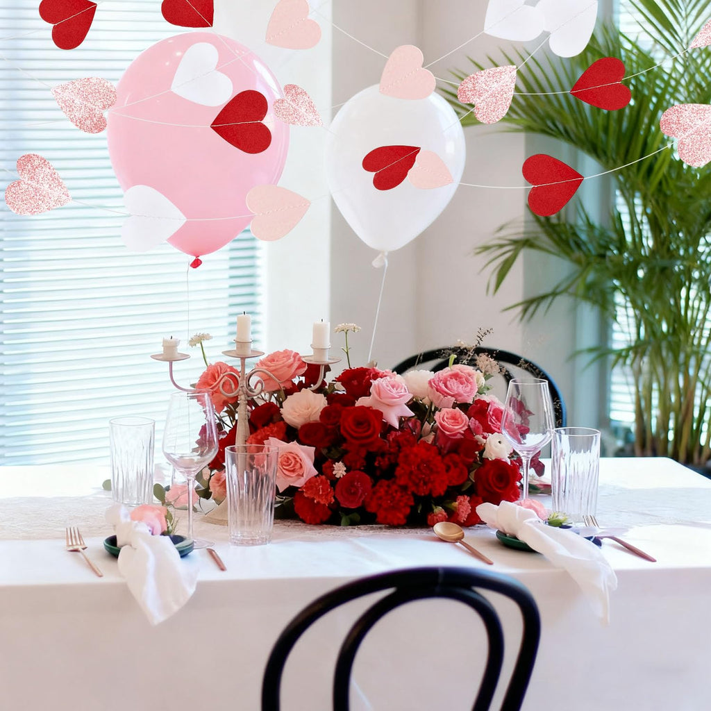 XIANMU 8 Strands Heart Garland Valentines Day Heart Paper Streamers Banner Rose-Gold Pink Burgundy-Red Party Decorations for Mothers Day Wedding Engagement Party Supplies