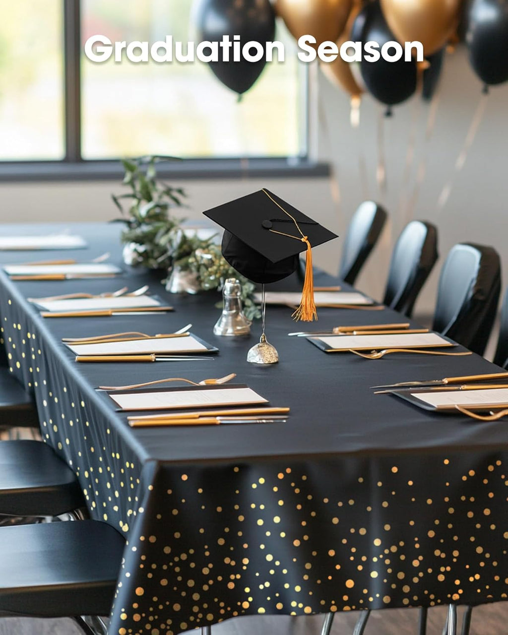 Pureegg Disposable Plastic Table Cloths - 10 Pack, 54 x 108 Inch, Sturdy Black & Gold Graduation Decor