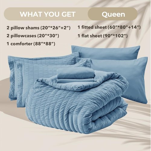 HYMOKEGE Queen Comforter Set - 7-Piece Mineral Blue Seersucker Luxury Bedding | All-Season Bed in a Bag