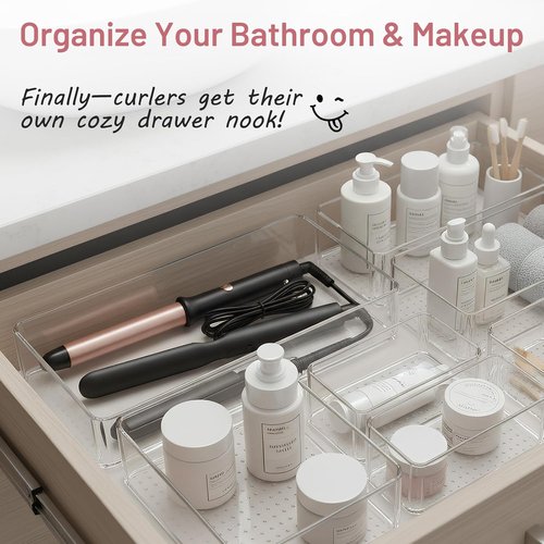 Clear Plastic Drawer Organizer Bins by Skiennix - 8 Pack Heavy Duty Storage Trays for Kitchen & Bathroom