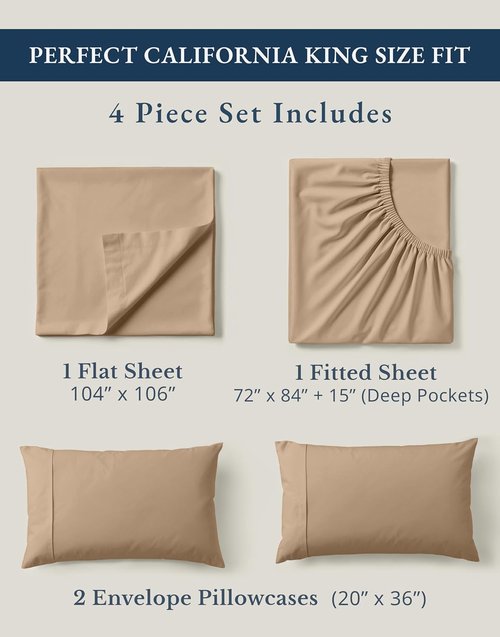 LANE LINEN 100% Organic Cotton California King Sheets Set - Ultra Soft & Comfy, Machine Washable, Taupe