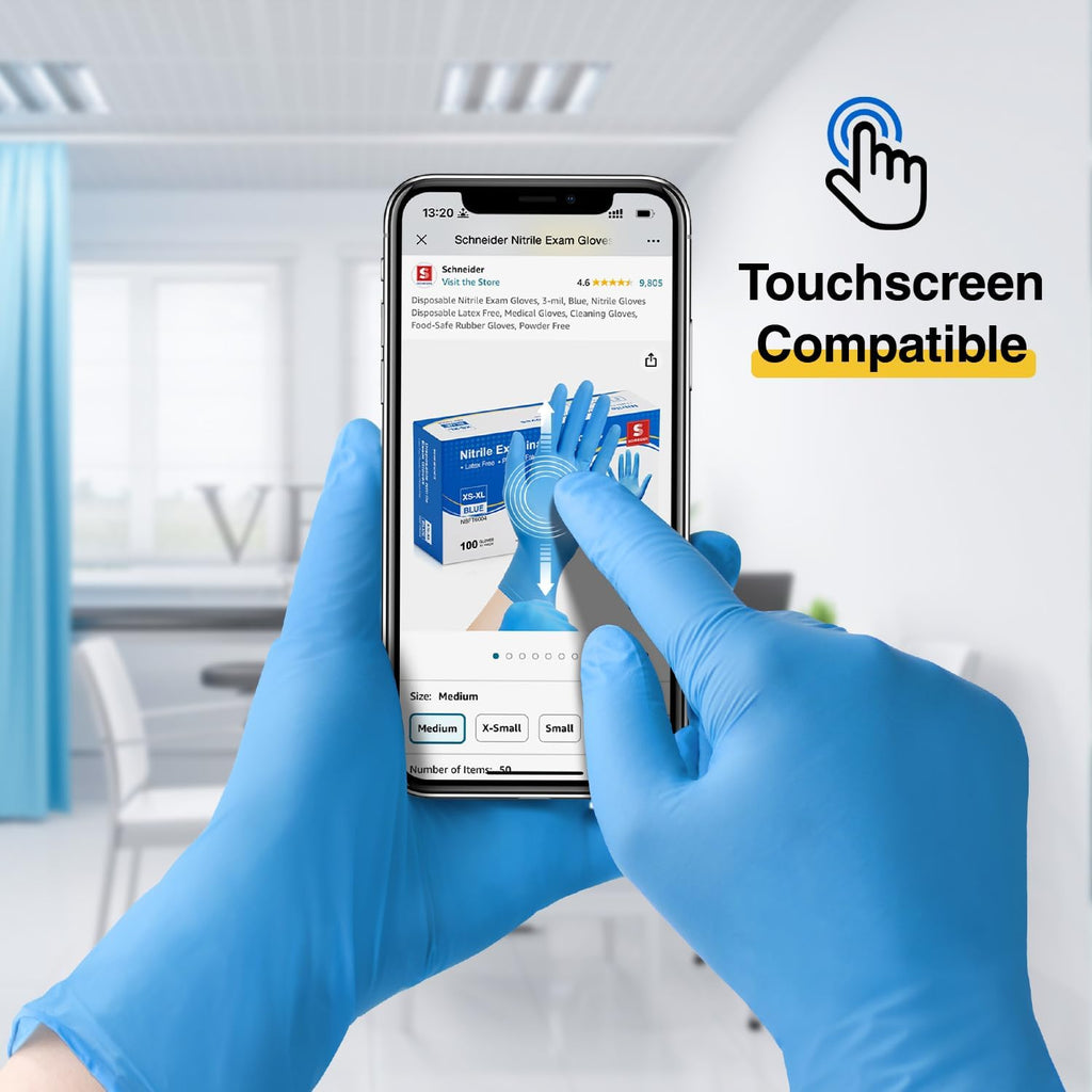 Schneider Nitrile Exam Gloves - Medical Grade Blue Disposable Latex-Free Rubber Gloves | Ideal for Food Prep & Cleaning