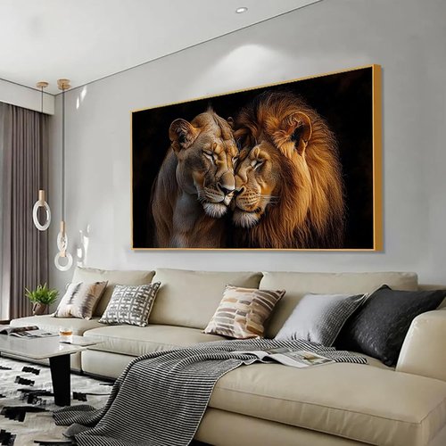 Lions Canvas Wall Art - Romantic Loving Lions Couple | African Wildlife Gold Framed (48"x27")