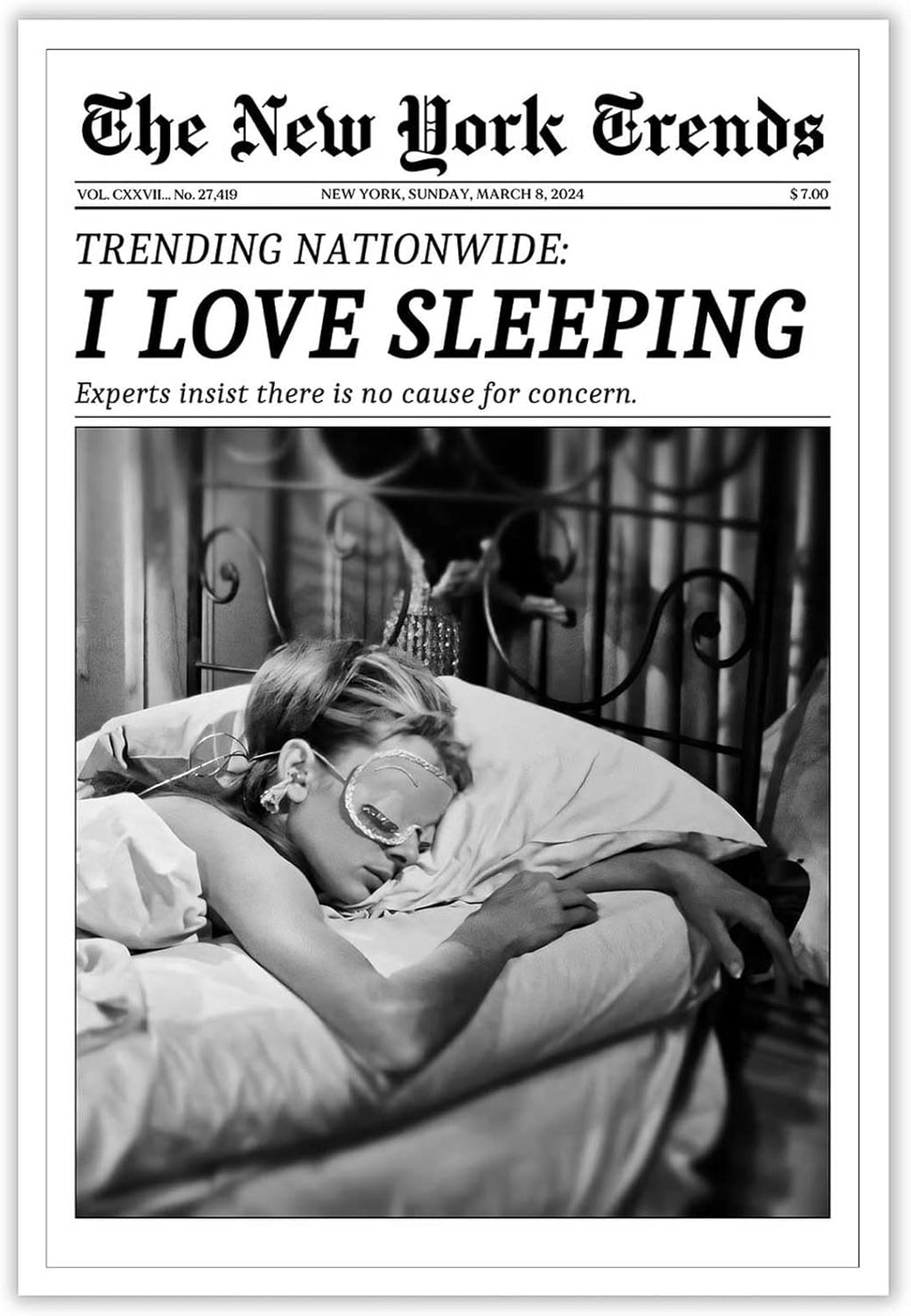 Beshdomp Vintage I Love Sleeping Poster - Black & White Newspaper Canvas Wall Art | 12x16in Unframed