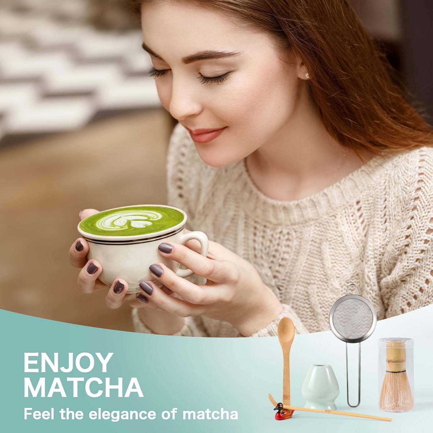 Skiennix Matcha Whisk Set - Complete 6-Piece Kit with Bamboo Whisk, Ceramic Holder & Sifter