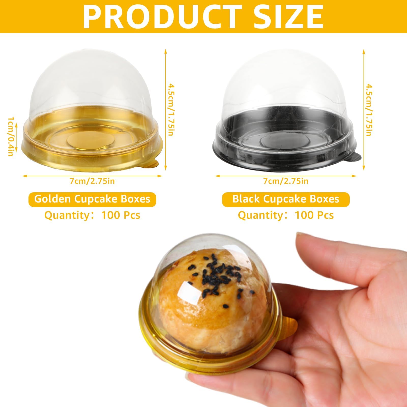 WOPPLXY 200 Pcs Mini Cake Containers, Clear Plastic Cupcakes Containers Muffin Mooncake Holder, Mini Cupcake Boxes with Dome Lid for Cheese Pastry Dessert Mooncake (100 Gold,100 Black)
