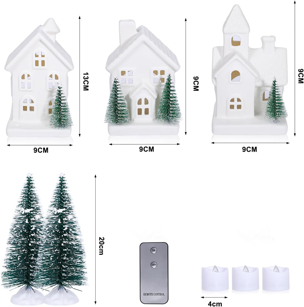 Skiennix Christmas Village Set - 5 LED Lighted Ceramic Houses with 2 Decorative Trees | Holiday Home Decor