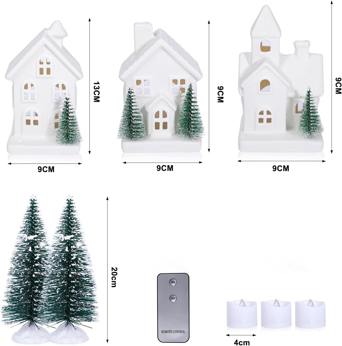 Skiennix Christmas Village Set - 5 LED Lighted Ceramic Houses with 2 Decorative Trees | Holiday Home Decor