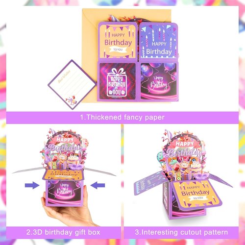 Happy Birthday Pop Up Card - Unique 3D Greeting Card for Men & Women | Foldable Celebration Card (Purple)