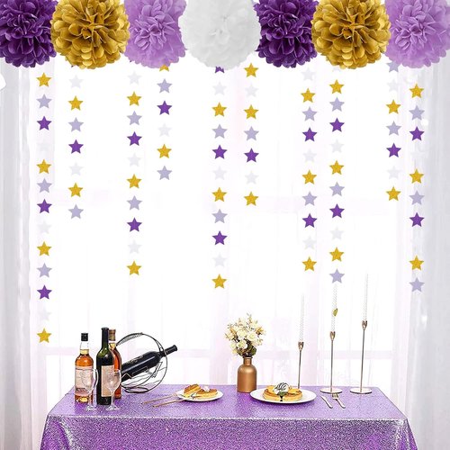 Hugtmr Star Garland - 62ft Purple Lavender & White Gold Party Decorations for Birthdays, Weddings & Showers