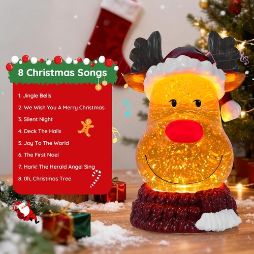 Christmas Snow Globe Reindeer Lighted Musical Glitter Globe Battery Operated or USB Powered with Timer Water Glittering Snowing Globe for Christmas Party Home Table Decorations Gifts (Reindeer)