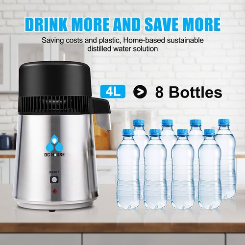 DC House Distilled Water Machine 1 Gallon, Stainless Steel Water Distiller for Home Countertop 110V 750W Purifier for Humidifier Office CPAP with Smart Switch, Glass Pot
