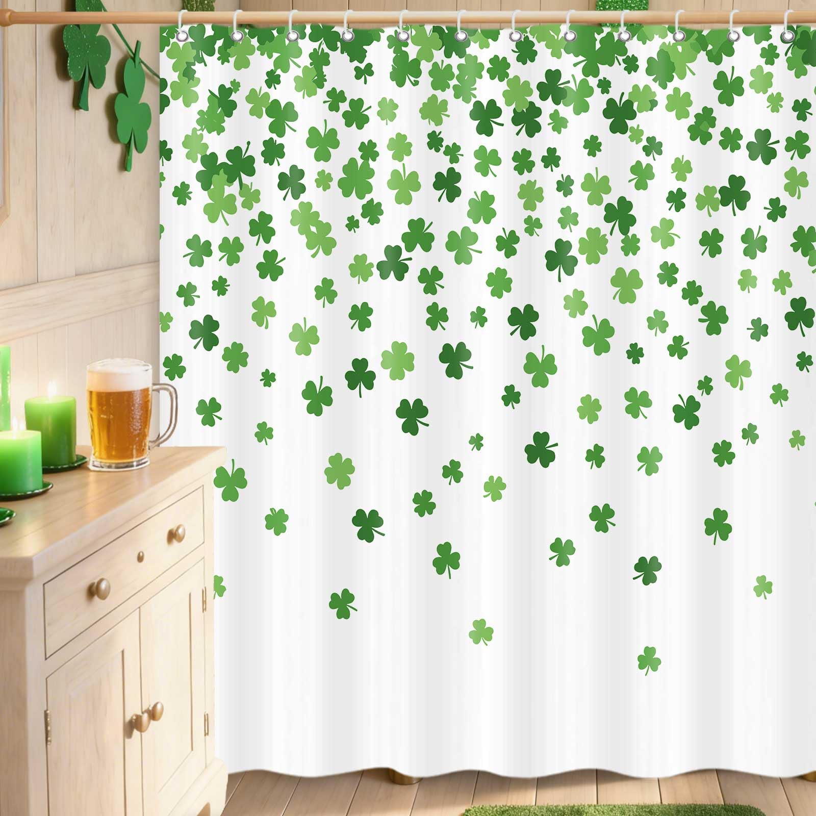 MDDGKH St Patrick's Day Shower Curtain Green Clover Leaf Shamrock Shower Curtains for Bathroom, Irish Decorations Fabric Home Decor Set with Hooks 71 x 71 Inch