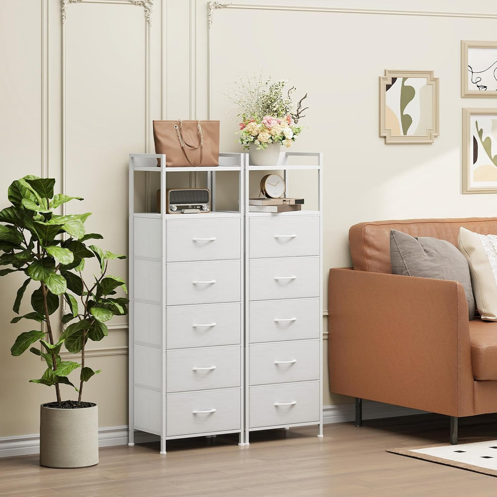Somdot Tall Dresser - 5-Drawer Vertical Storage Tower Unit for Bedroom & Kids Room - White Leather