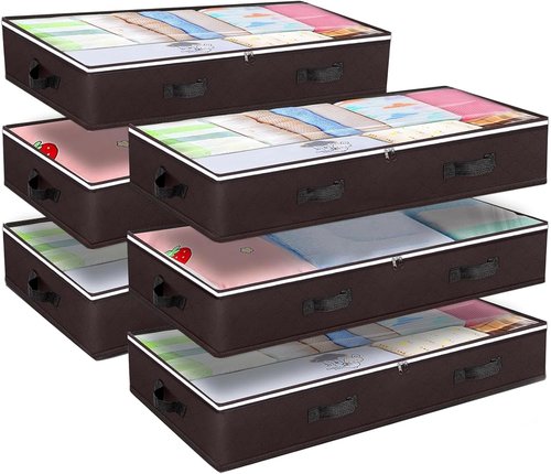 Budding Joy 90L Underbed Storage Containers - Large Capacity Foldable Bins with Clear Window | Brown 6-Pack