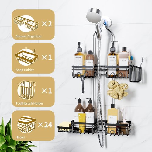 KEGII Hanging Shower Caddy - Rustproof Organizer with Soap Dish, Toothbrush Holder & Hooks | Ideal for Handheld Showerheads