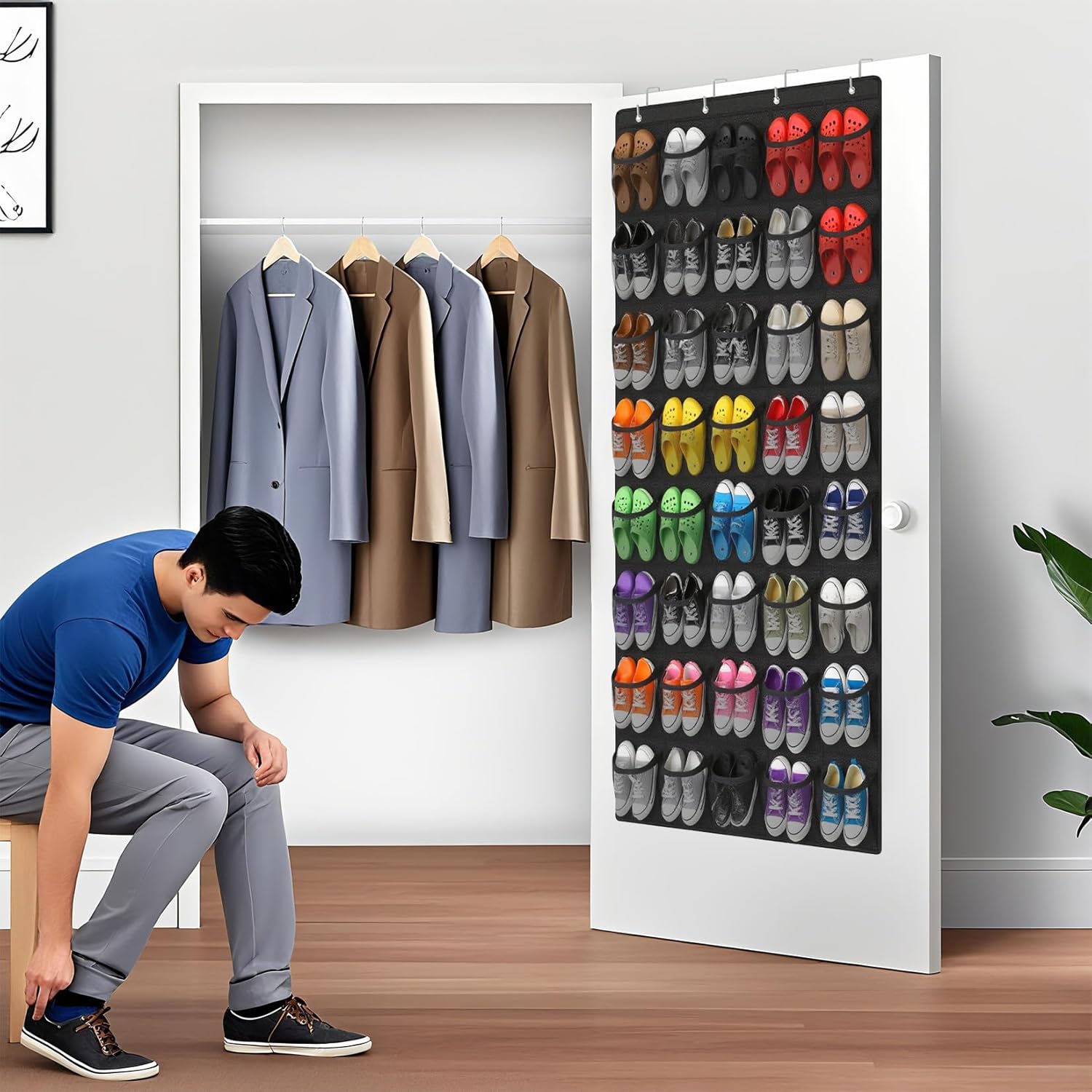 Skiennix Over The Door Shoe Organizer - 40-Pocket Hanging Rack for Closet Storage | Black Mesh Design
