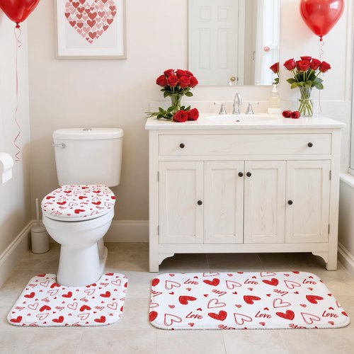 Lindameler 4Pcs Valentines Shower Curtain Set, Sweet Love Red Heart Shower Curtain with Non-Slip Washable Bath Rugs, Toilet Lid Cover Red Heart Valentines Bathroom Decor Accessory Set 72X72 Inch