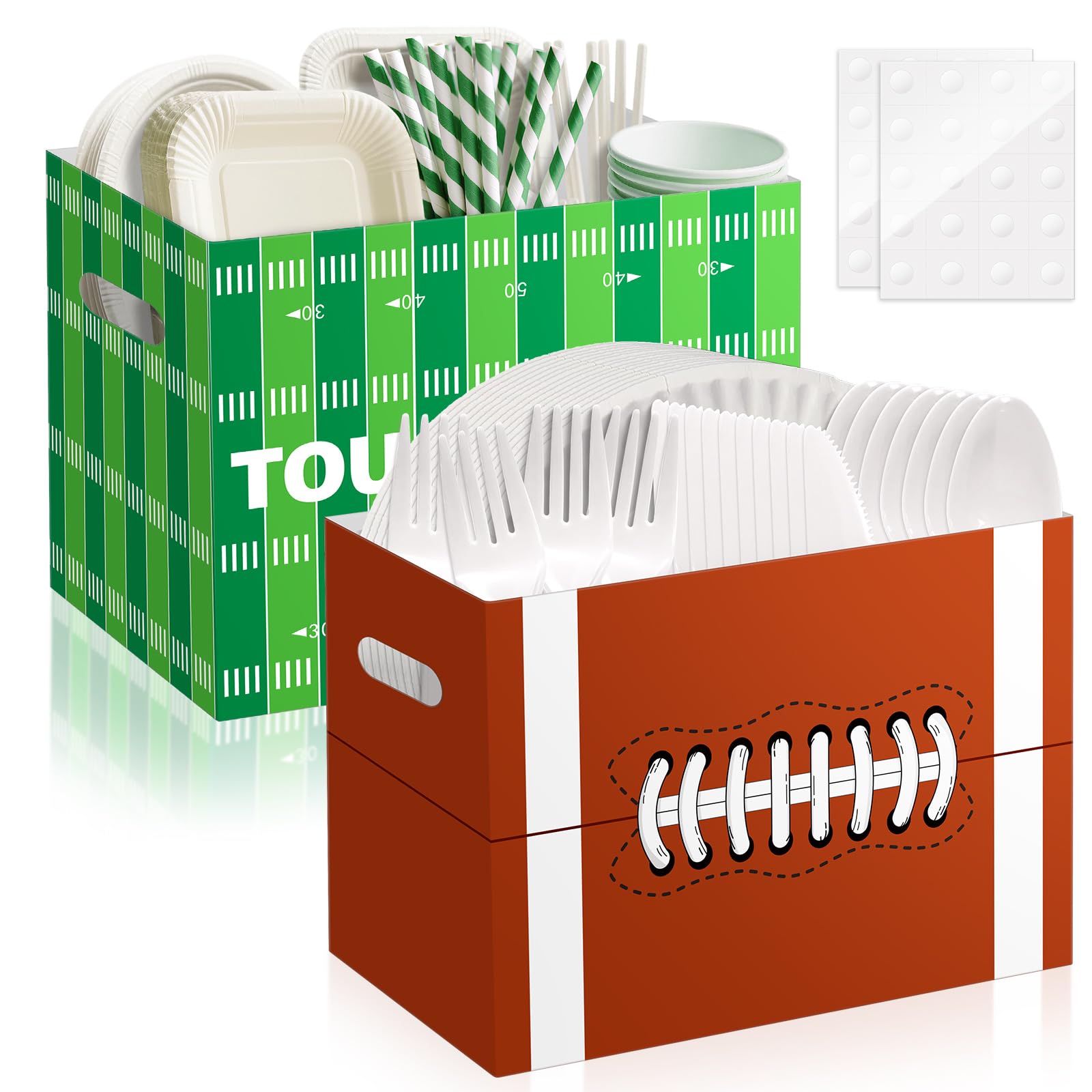 2PCS Football Utensil Holder Paper Utensil Caddy for Football Party Supplies Cutlery Holder with Handles Green Brown Party Favors Snack Box Disposable Cutlery Caddy for Sports Birthday Decorations