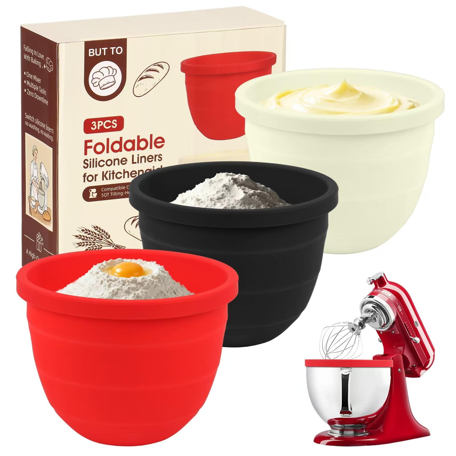 3 PCS Foldable Silicone Liners for Kitchenaid Tilt-Head 5 QT Mixer - Dishwasher-Safe Food-Grade Silicone Bowl Insert - Simple to Use Mixer Accessories for Effortless Baking Prep (Black+Off-White+Red)