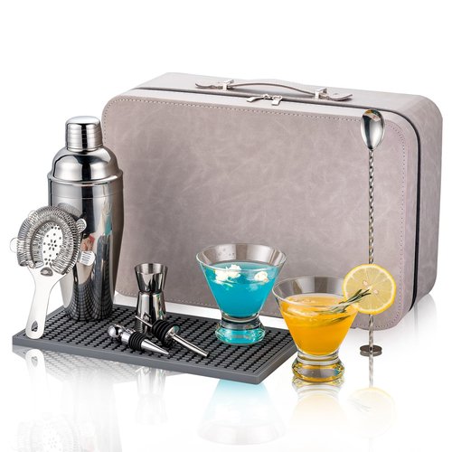 USEEKRIL Travel Martini Kit with 2 Glasses,Travel Bartender Kit with Case Recipe Cards, Cocktail Shaker Set for Cocktail Mixer,Martini Gift Shaker Set for Home Outdoor Party