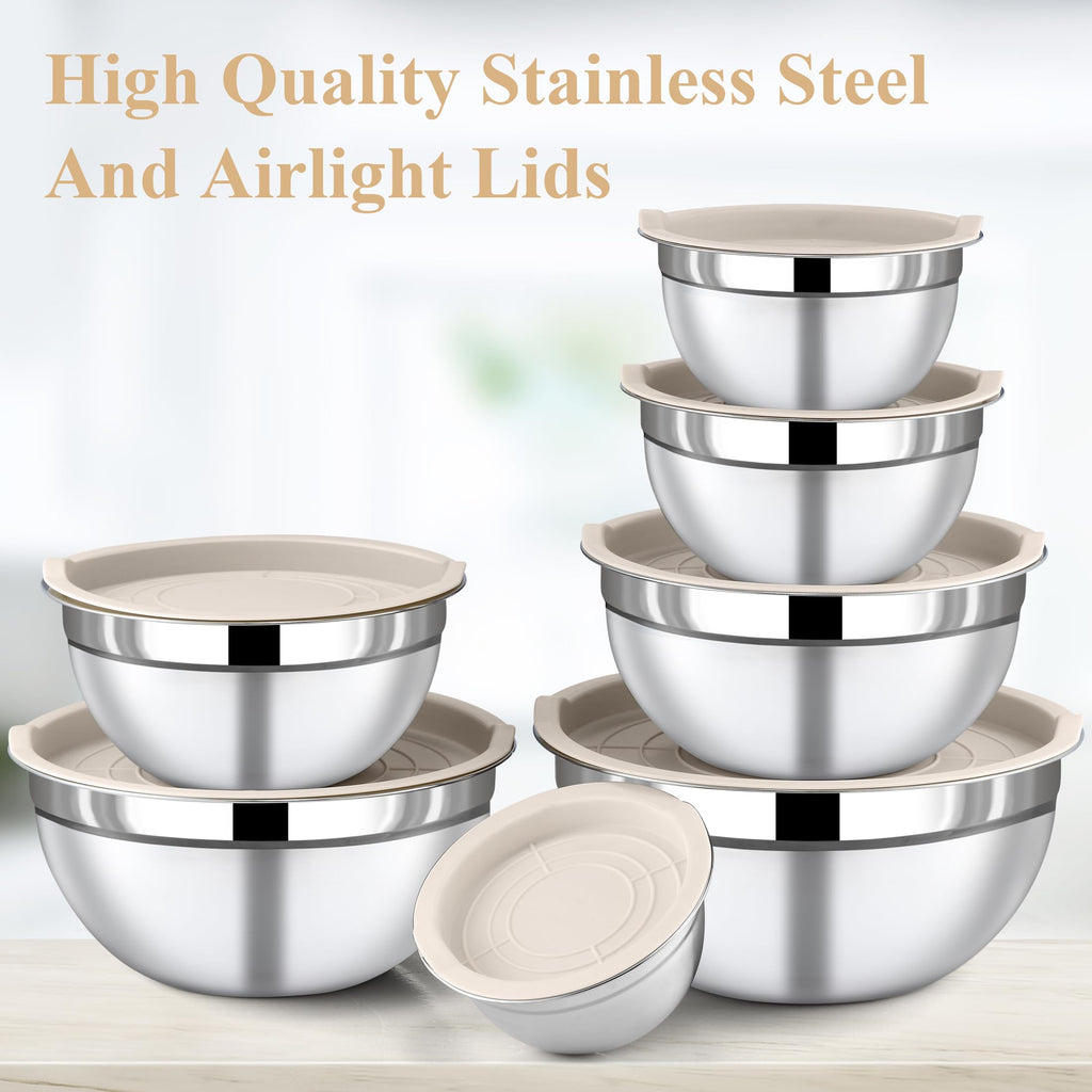 Funnydin 7 Piece Stainless Steel Mixing Bowls with Lids Set - Khaki Nesting Metal Mixing Bowls for Kitchen, Sizes 4.5, 4, 3.5, 2.1, 1.5, 1.1, 0.7 Qt for Baking, Cooking and Serving, Dishwasher Safe