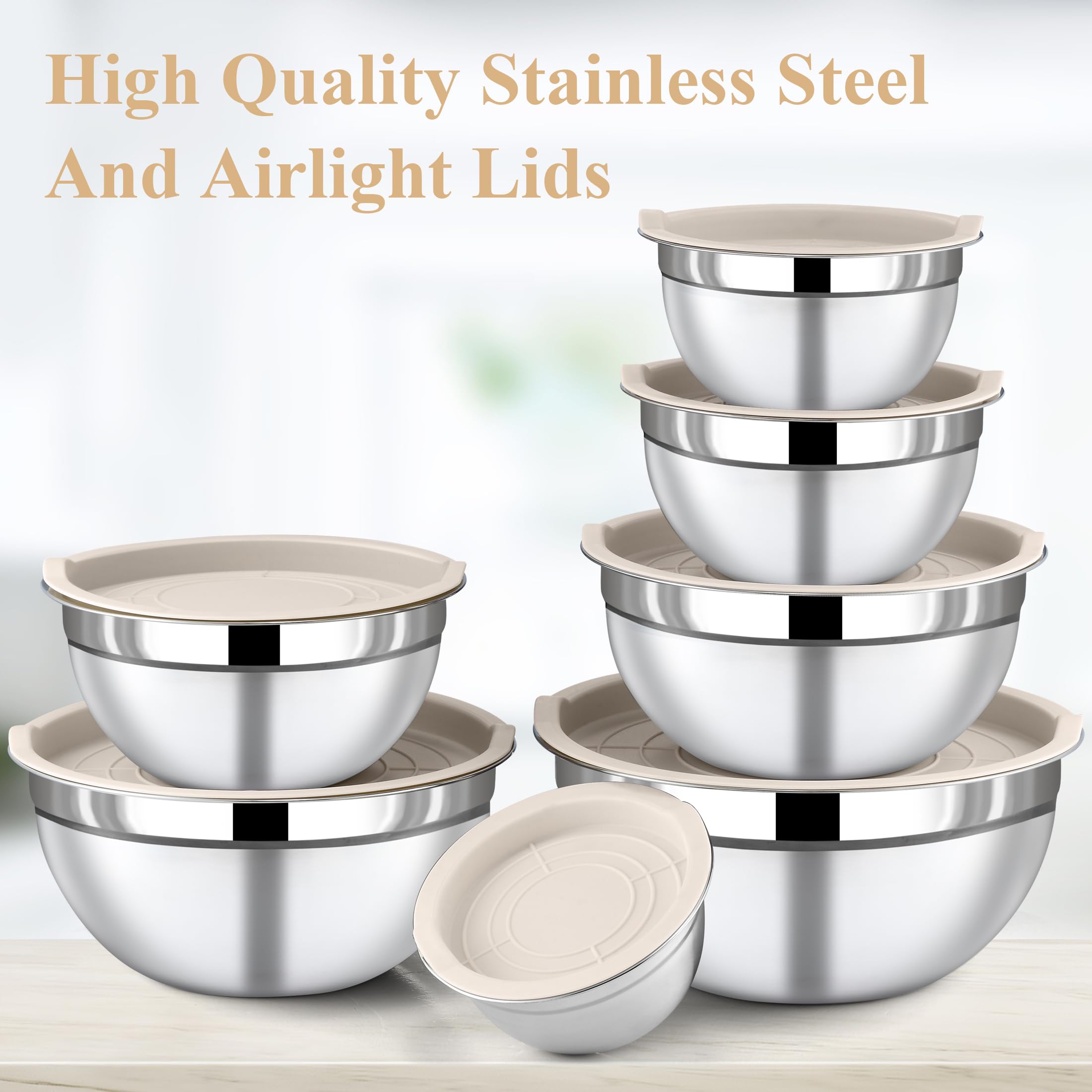 Funnydin 7 Piece Stainless Steel Mixing Bowls with Lids Set - Khaki Nesting Metal Mixing Bowls for Kitchen, Sizes 4.5, 4, 3.5, 2.1, 1.5, 1.1, 0.7 Qt for Baking, Cooking and Serving, Dishwasher Safe