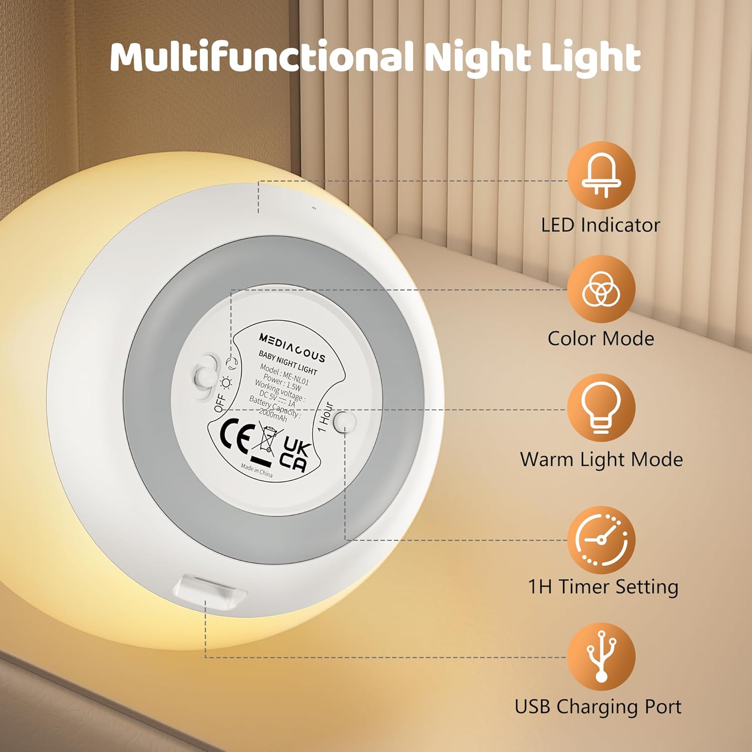 MediAcous Night Light - Soft Silicone Touch Egg Lamp with 7 Color Options & Dimming | Rechargeable Nursery Light