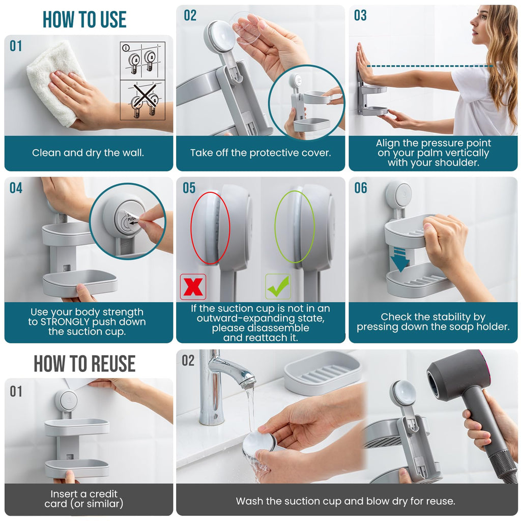 TAILI Soap Holder Soap Dish for Shower, Suction Cup Soap Holder for Shower Wall, Bathroom Accessories, Removable Strong Hold Soap Saver, Drill Free Double Soap Dish, Grey 2 Layer
