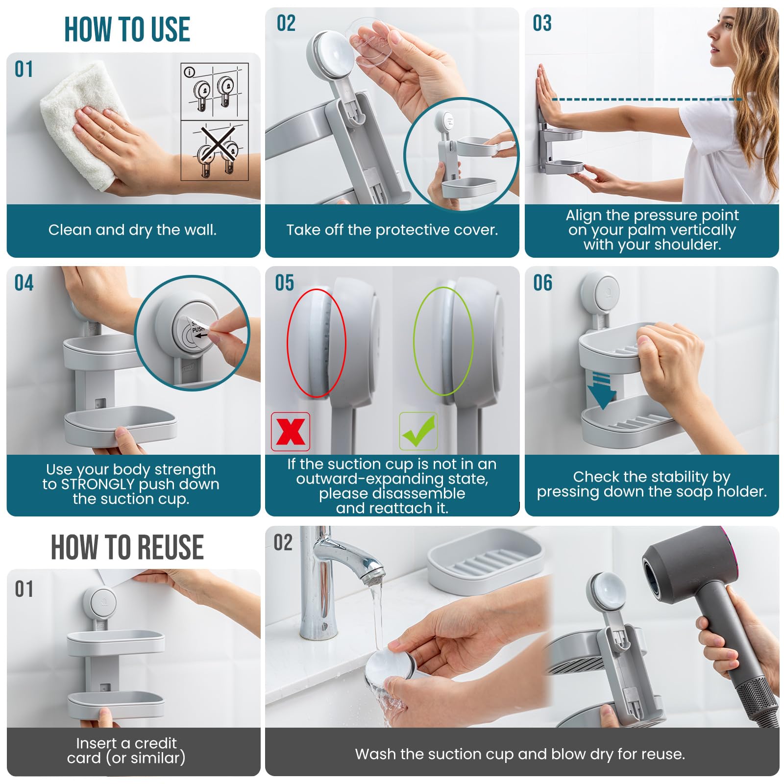 TAILI Soap Holder Soap Dish for Shower, Suction Cup Soap Holder for Shower Wall, Bathroom Accessories, Removable Strong Hold Soap Saver, Drill Free Double Soap Dish, Grey 2 Layer