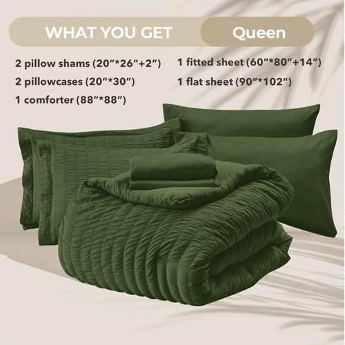 HYMOKEGE Queen Comforter Set - Olive Green Seersucker 7-Piece Luxury Bedding Set for All Seasons