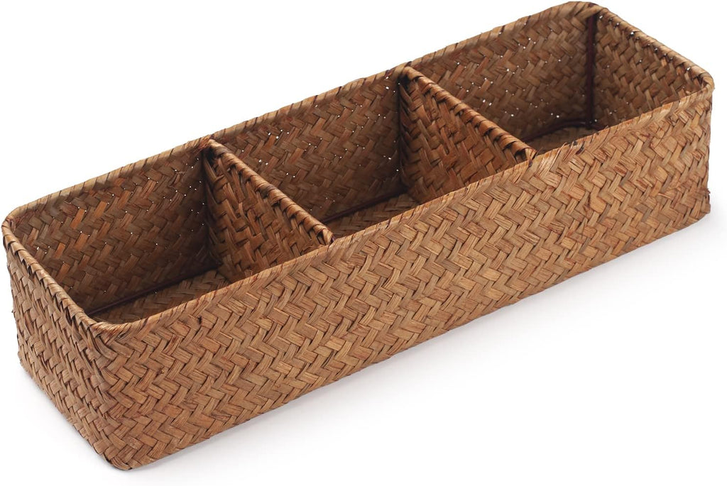 Seagrass Storage Basket - 3-Section Woven Compartment Baskets | Natural, 14.6” x 4.7” x 3.1”