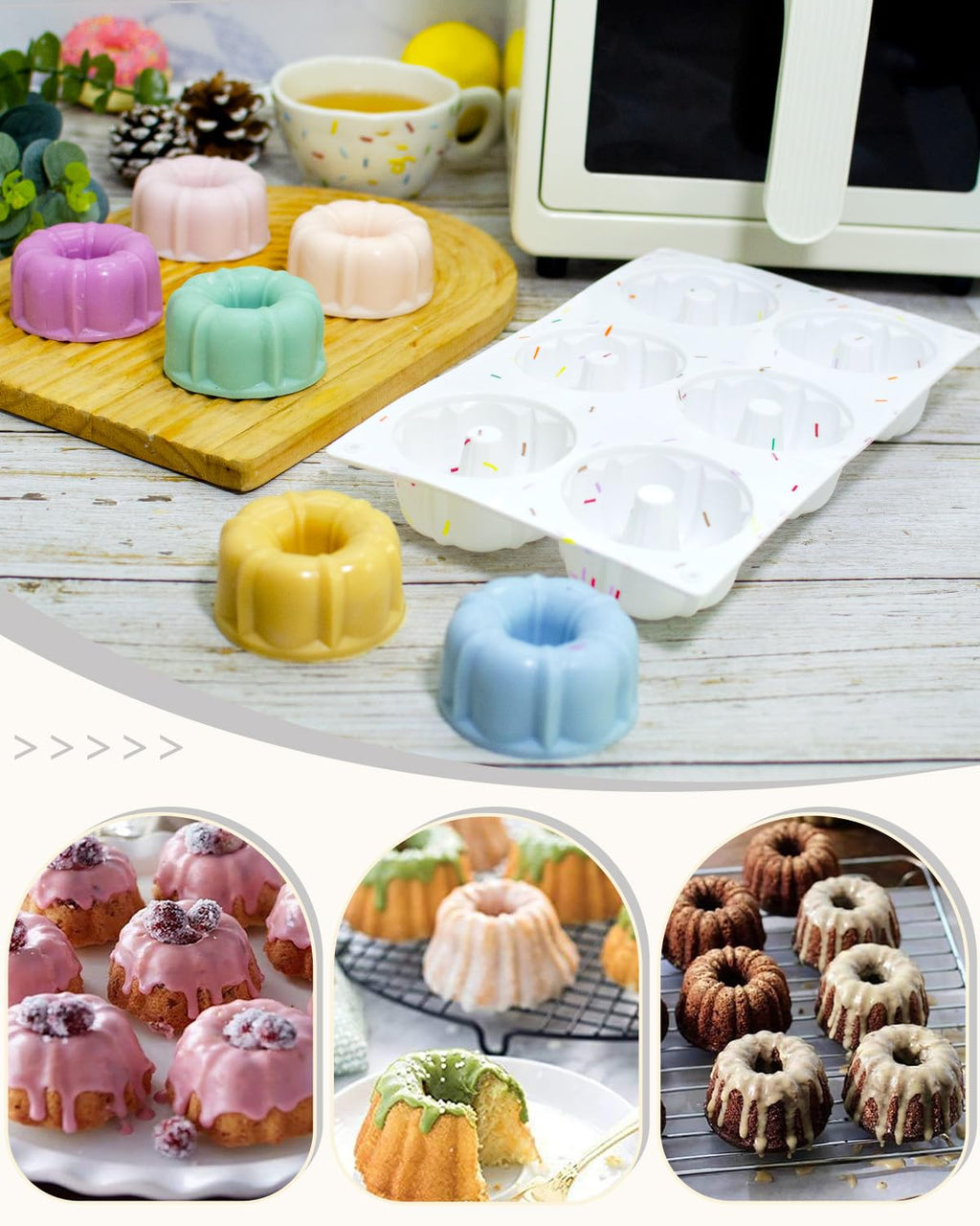 SmartKitch Jello Molds, 3pcs Silicone Fluted Tube Cake Pans, 6-Cavity Non Stick Silicone Baking Molds for Cupcake, Donuts, Muffin, Cornbread, Brownie, Jellies (Confetti)