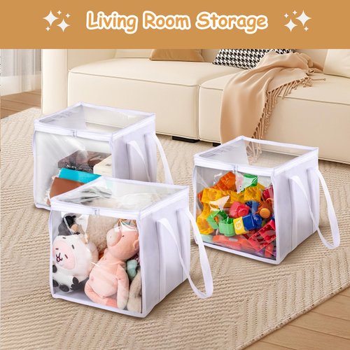 FQDGTFA 3 Pack Toy Storage PVC Boxes Storage Bins with Transparent Lid, Durable Clear Toy Organizer with Handle, Foldable Plastic Bins for Kids Playroom/Clothes/Toys/Blocks/Stuffed Animal Storage