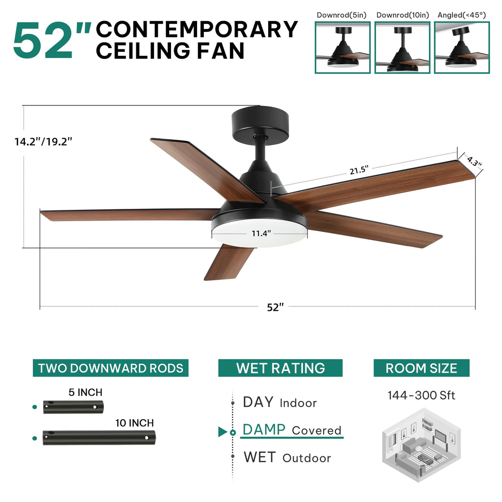 YITAHOME 52" Ceiling Fan with Lights & Remote, 3502 CFM, 3 CCT, 4 Timer Modes, 5 Reversible Dual Finish Blades, Modern Ceiling Fan with Quiet DC Motor for Living Room, Patio, Black & Walnut