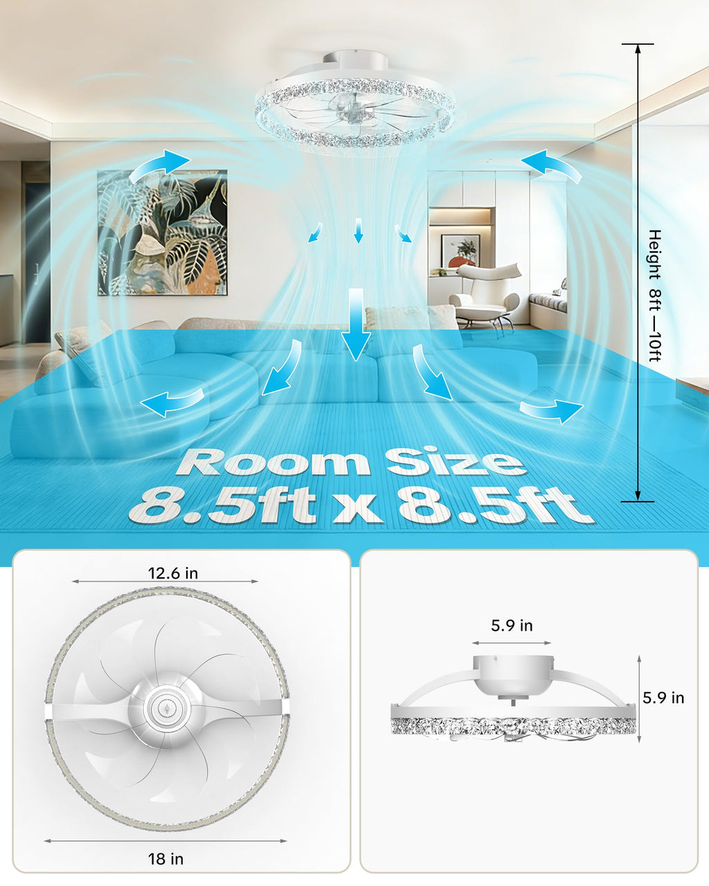 Aphyni Ceiling Fans with Lights and Remote Low Profile Flush Mount LED Ceiling Fan with Lights 3000K-6500K Dimmable Foldable Fandelier Light 6 Wind Speeds Night Light for Bedroom Living Room White