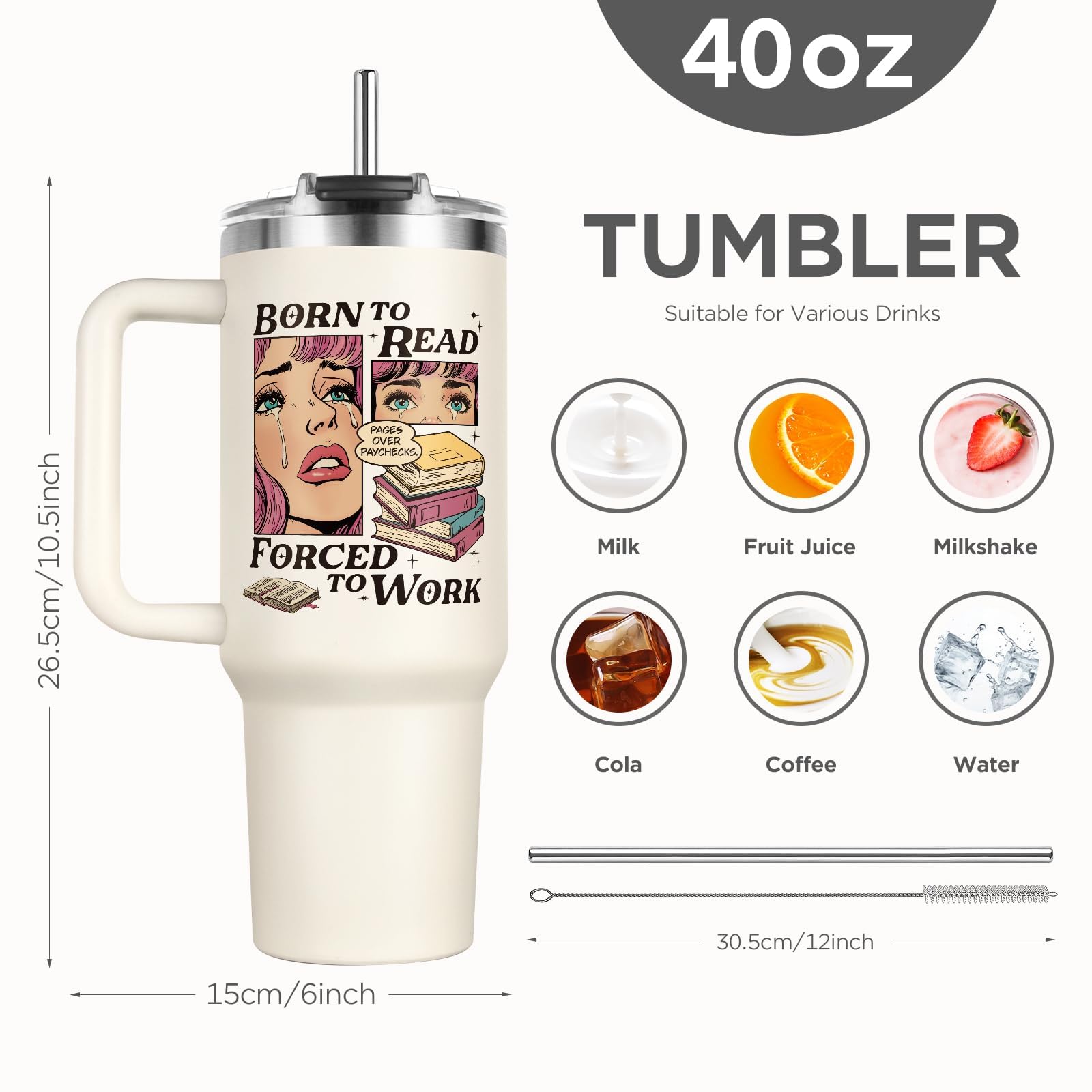 Shqiueos Funny Book Lovers Gifts for Women 40oz Tumbler with Handle and Straw Lid, Christmas Bookish Gifts, Reading Gift for Reader, Librarian, Nerd, Bookworm Cup Water Bottle, Book Themed Present