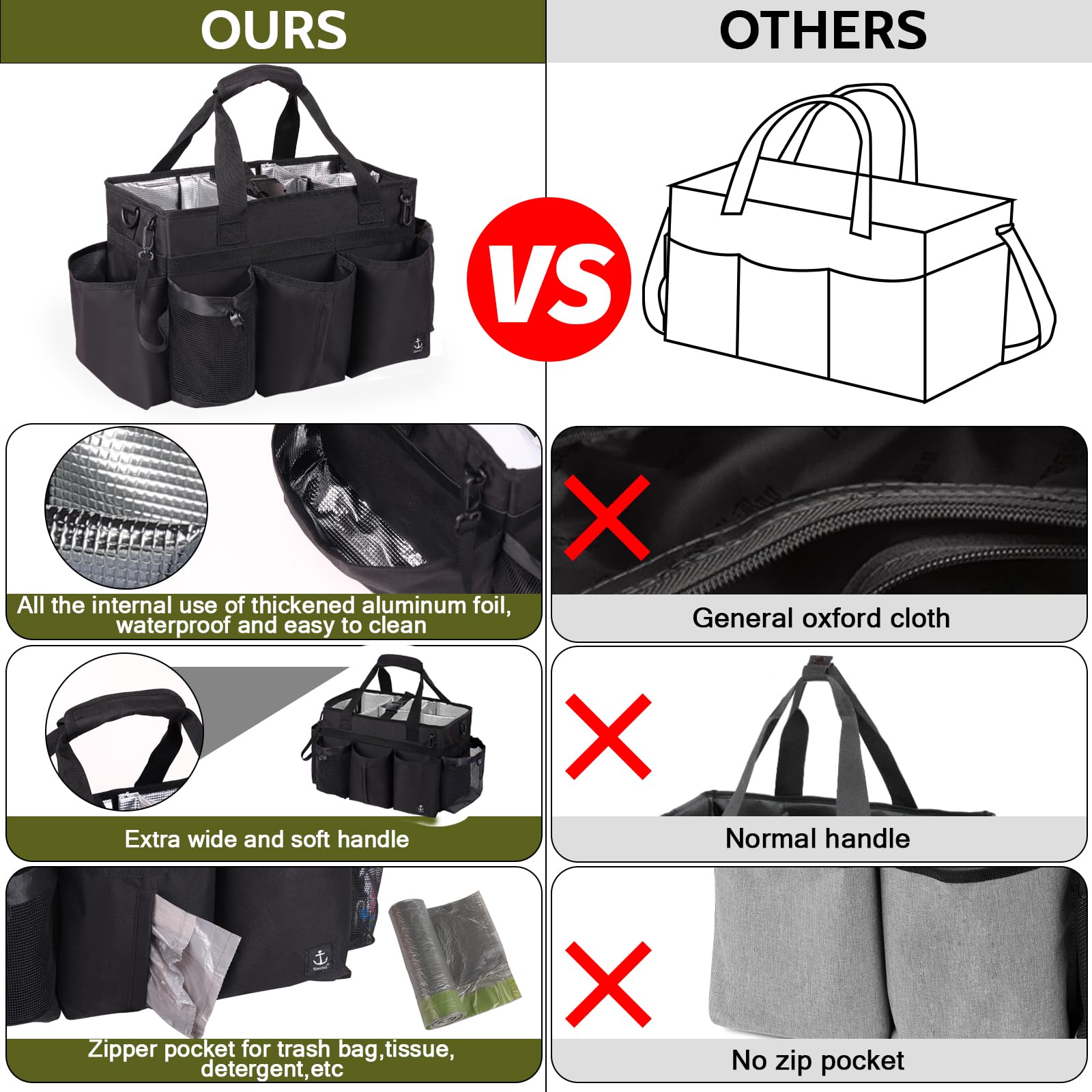 Timoxi Large Wearable Cleaning Caddy Bag with Detachable Divider, Cleaning Organizer with Handles, Cleaning Supply Tote with Adjustable Shoulder Strap&Waist Belt for Cleaners & Housekeeper (Black)